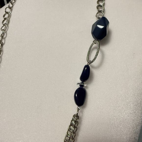 VTG Chicos Statement Necklace Mod Dark Blue Silver Tone Glam 38" Event Dressy - Picture 2 of 6